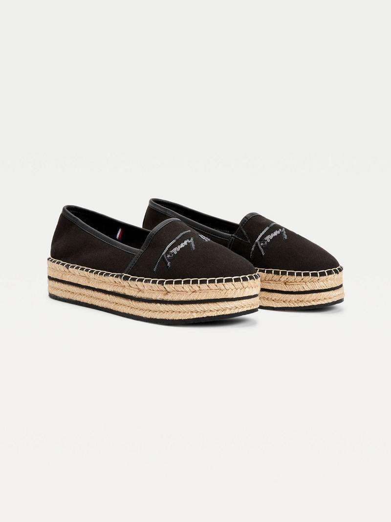 Női Tommy Hilfiger Sequin Signature Espadrille Alkalmi Cipő Fekete | HU 596GSO